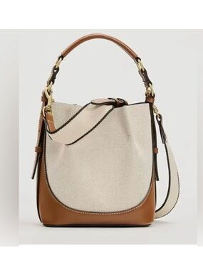 Zara NWT cream & brown Canvas & Leather Shoulder bucket Bag